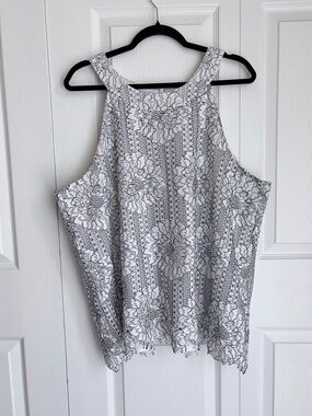 Skies Are Blue Lace Tank Top 2X White Black Floral Sleeveless Blouse Boho Summer